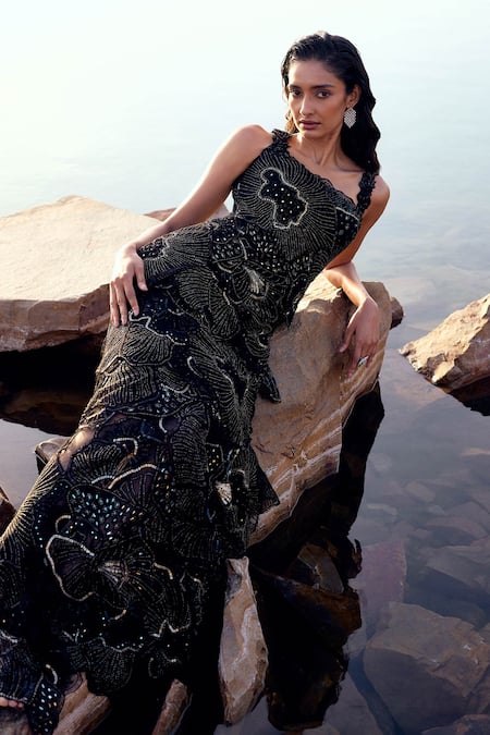 Buy_Mishru_Black Tulle Sequins, Beads Asymmetric Zailey Sea Embroidered Layered Gown _Online_at_Aza_Fashions