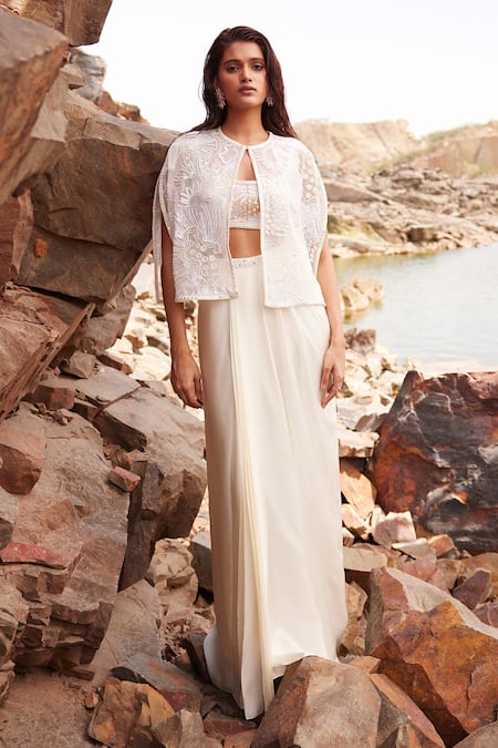 Mishru Lena Embroidered Cape Draped Skirt Set 