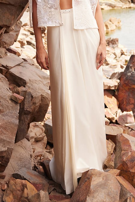 Mishru Ivory Satin Beads, Sequins Square Neck Lena Embroidered Cape Draped Skirt Set Online at Aza Fashions Mishru_Ivory Satin Beads, Sequins Square Neck Lena Embroidered Cape Draped Skirt Set _Online_at_Aza_Fashions