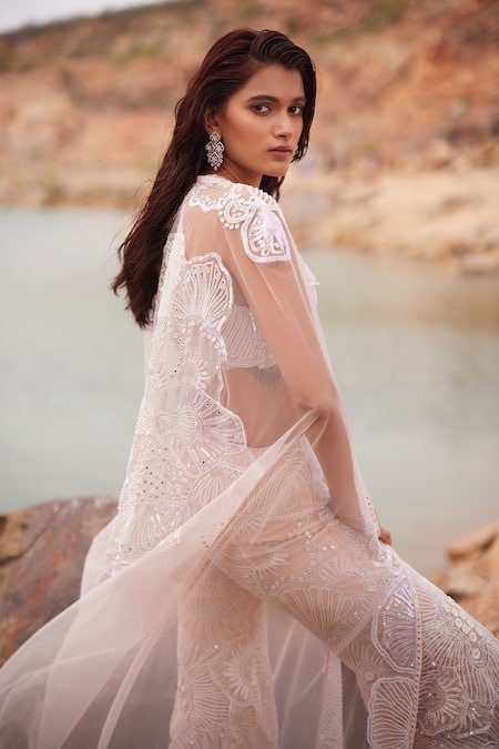 Shop_Mishru_Pink Tulle Beads, Sequins, Mirrors Halter Audrey Embroidered Cape Sharara Set _at_Aza_Fashions