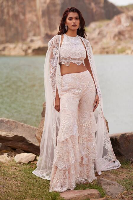 Shop_Mishru_Pink Tulle Beads, Sequins, Mirrors Halter Audrey Embroidered Cape Sharara Set _Online_at_Aza_Fashions
