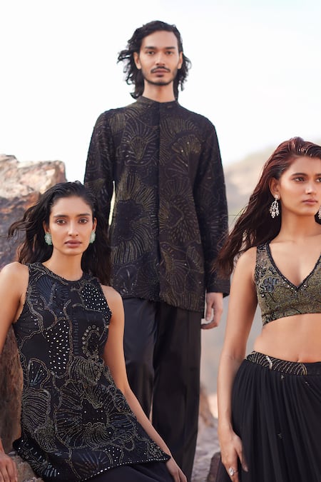 Buy_Mishru_Black Tulle Mirrors, Sequins, Beads, Raya Sea Tunic And Flared Pant Set _Online_at_Aza_Fashions