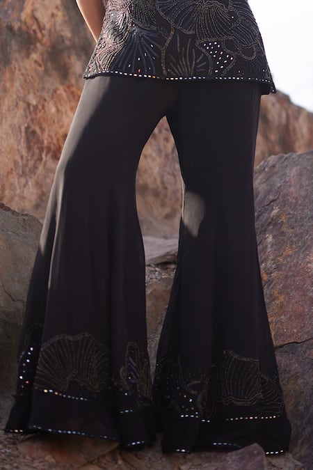 Shop_Mishru_Black Tulle Mirrors, Sequins, Beads, Raya Sea Tunic And Flared Pant Set _Online_at_Aza_Fashions