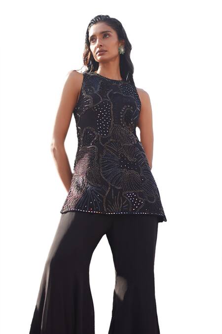 Buy_Mishru_Black Tulle Mirrors, Sequins, Beads, Raya Sea Tunic And Flared Pant Set 