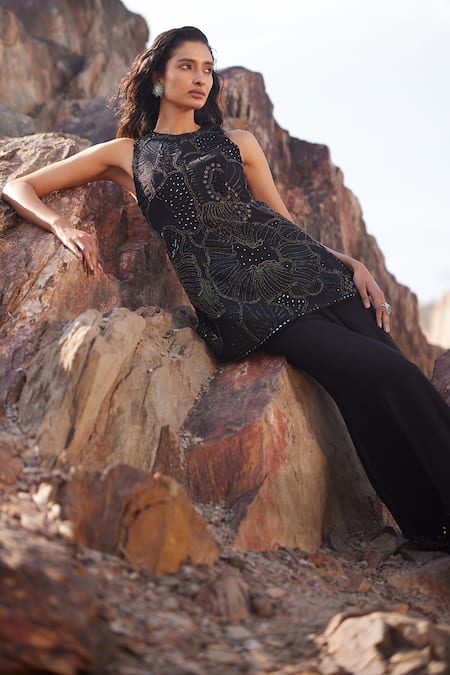 Shop_Mishru_Black Tulle Mirrors, Sequins, Beads, Raya Sea Tunic And Flared Pant Set 