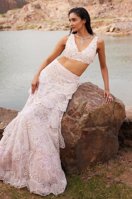 Shop_Mishru_Pink Tulle Mirrors, Sequins, Beads Gayle Embroidered Cape Layered Lehenga Set _at_Aza_Fashions