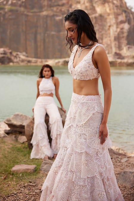 Mishru_Pink Tulle Mirrors, Sequins, Beads Gayle Embroidered Cape Layered Lehenga Set _Online_at_Aza_Fashions