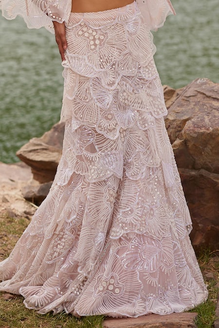 Shop_Mishru_Pink Tulle Mirrors, Sequins, Beads Gayle Embroidered Cape Layered Lehenga Set _Online_at_Aza_Fashions