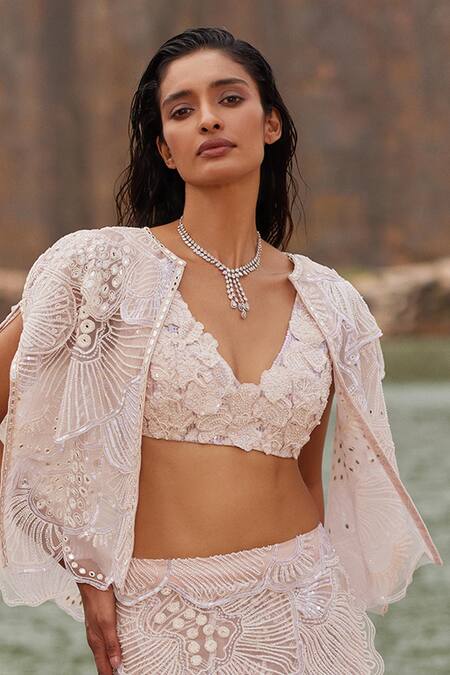 Mishru_Pink Tulle Mirrors, Sequins, Beads Gayle Embroidered Cape Layered Lehenga Set _at_Aza_Fashions