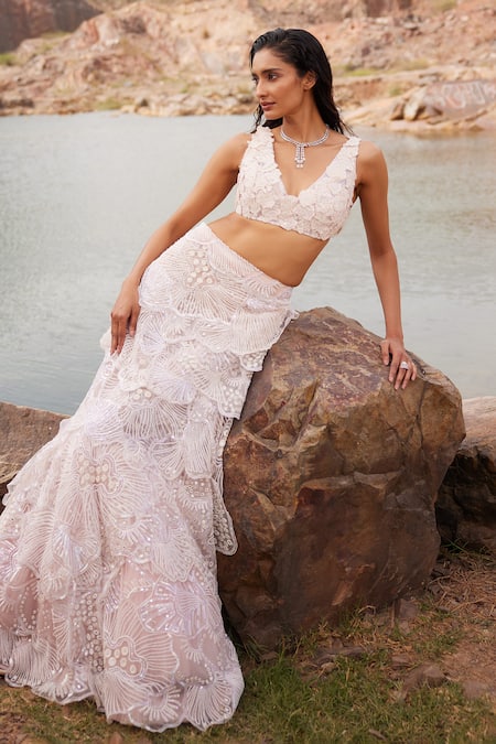 Shop Mishru Pink Tulle Embroidery Sequin Halter Neck Gayle Layered Lehenga Set at Aza Fashions Shop_Mishru_Pink Tulle Embroidery Sequin Halter Neck Gayle Layered Lehenga Set _at_Aza_Fashions