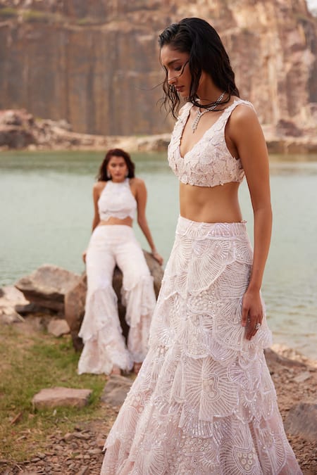 Mishru Pink Tulle Embroidery Sequin Halter Neck Gayle Layered Lehenga Set Online at Aza Fashions Mishru_Pink Tulle Embroidery Sequin Halter Neck Gayle Layered Lehenga Set _Online_at_Aza_Fashions