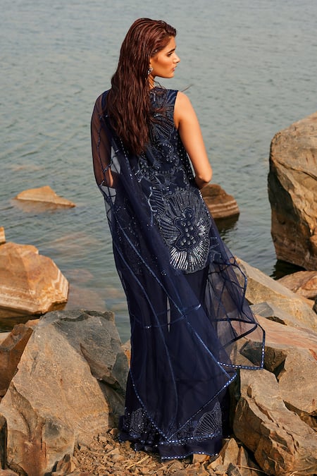 Shop_Mishru_Blue Georgette, Tulle, Organza Mirrors, Sequins, Camille Kurta Sharara Set _at_Aza_Fashions