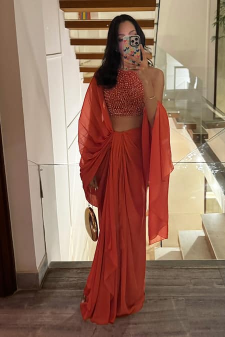 Itrh Naranjas Draped Saree With Embellished Blouse 