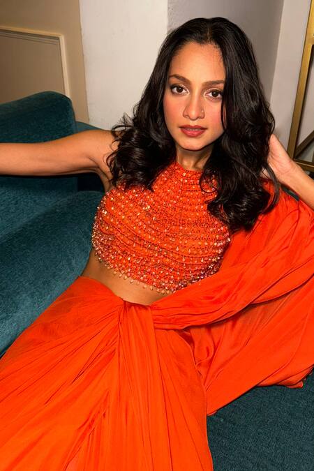 Buy_Itrh_Orange Chiffon, Net Crystals High Naranjas Draped Saree With Embellished Blouse _Online_at_Aza_Fashions