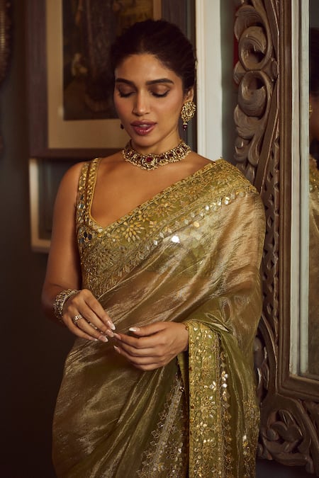 Shop_Itrh_Green Tissue Gota Patti, Mirrors, Embroidery Saanjh Border Saree With Blouse _at_Aza_Fashions