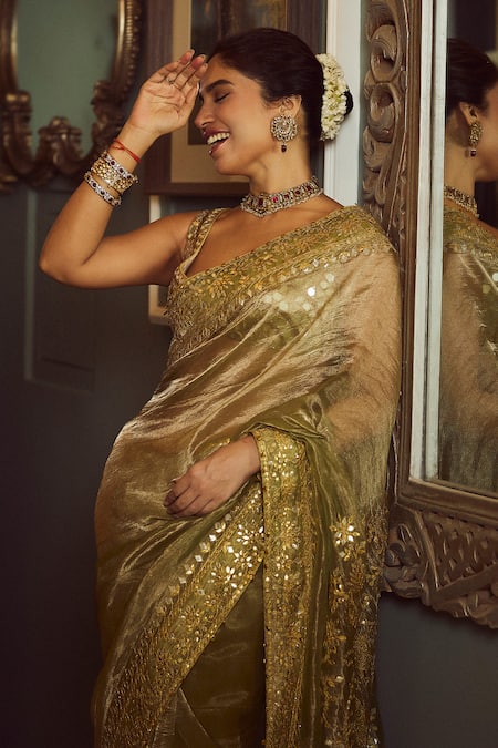 Itrh_Green Tissue Gota Patti, Mirrors, Embroidery Saanjh Border Saree With Blouse _Online_at_Aza_Fashions