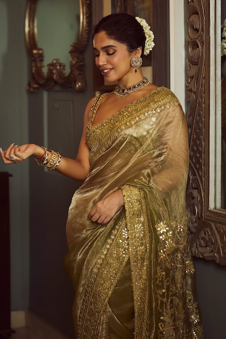 Buy_Itrh_Green Tissue Gota Patti, Mirrors, Embroidery Saanjh Border Saree With Blouse _Online_at_Aza_Fashions