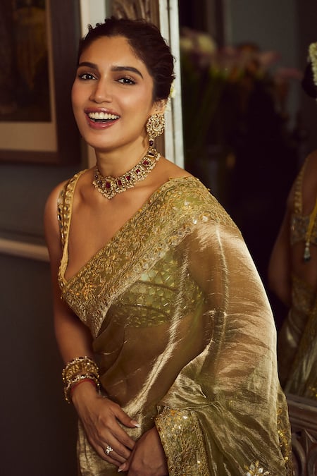 Shop_Itrh_Green Tissue Gota Patti, Mirrors, Embroidery Saanjh Border Saree With Blouse _Online_at_Aza_Fashions