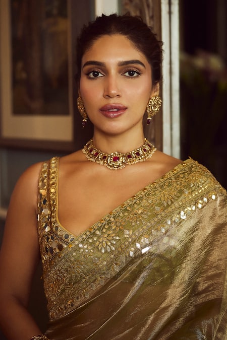 Itrh_Green Tissue Gota Patti, Mirrors, Embroidery Saanjh Border Saree With Blouse _at_Aza_Fashions