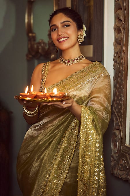 Buy_Itrh_Green Tissue Gota Patti, Mirrors, Embroidery Saanjh Border Saree With Blouse 