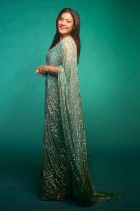 Shop_Itrh_Green Net Embroidery, Gleaming Jewel Embellished Pre-stitched Saree With Blouse _at_Aza_Fashions