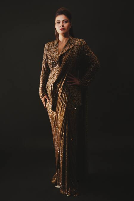 Shop_Itrh_Brown Net Crystals, Sequins, Embroidery Fierce Feline Printed Saree With Blazer_at_Aza_Fashions