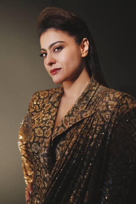 Itrh_Brown Net Crystals, Sequins, Embroidery Fierce Feline Printed Saree With Blazer_Online_at_Aza_Fashions