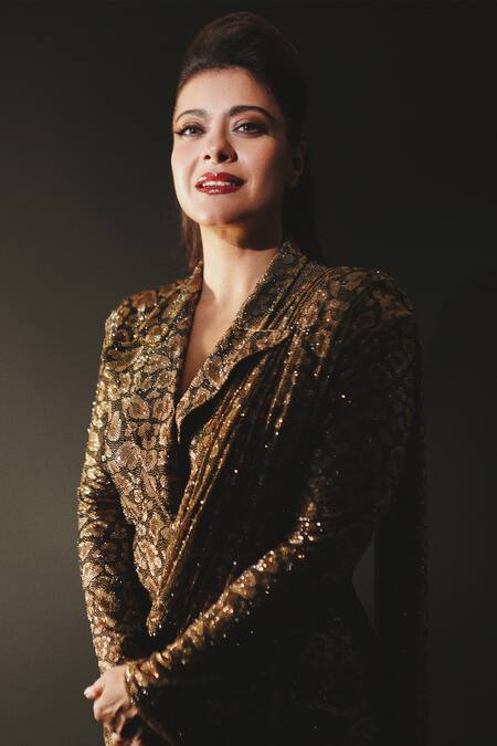 Buy_Itrh_Brown Net Crystals, Sequins, Embroidery Fierce Feline Printed Saree With Blazer_Online_at_Aza_Fashions