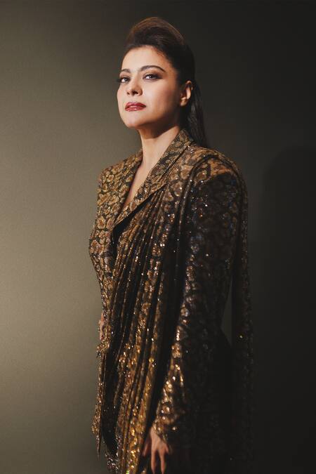 Shop_Itrh_Brown Net Crystals, Sequins, Embroidery Fierce Feline Printed Saree With Blazer_Online_at_Aza_Fashions