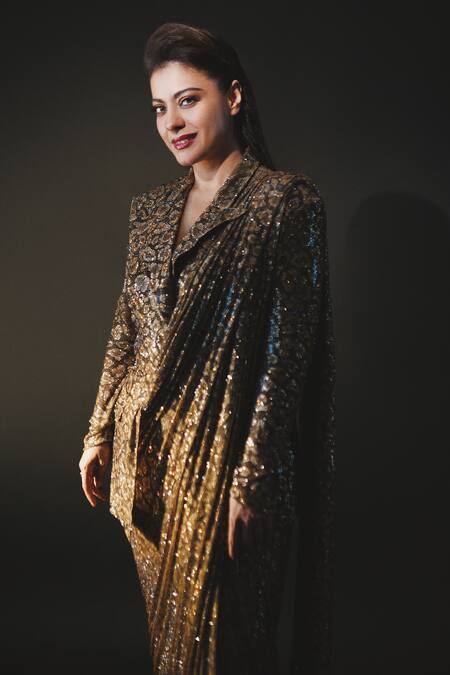 Itrh_Brown Net Crystals, Sequins, Embroidery Fierce Feline Printed Saree With Blazer_at_Aza_Fashions