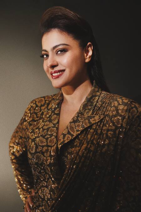 Buy_Itrh_Brown Net Crystals, Sequins, Embroidery Fierce Feline Printed Saree With Blazer