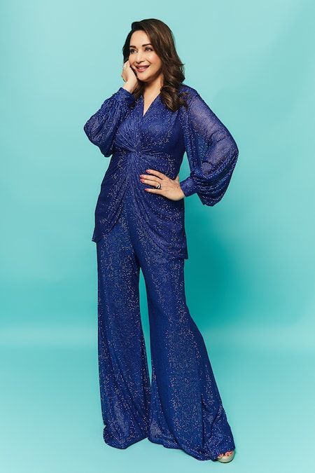 Itrh Blue Net Embellished Dazzling Regal Glamour Tunic And Bell Bottom Pant Set 