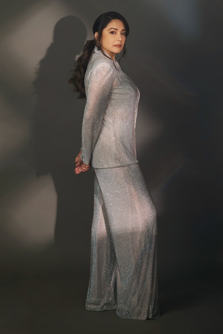 Shop_Itrh_Silver Net Crystals Boxy Studded Jacket And Wide Legged Pant Set _at_Aza_Fashions