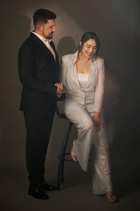 Itrh_Silver Net Crystals Boxy Studded Jacket And Wide Legged Pant Set _Online_at_Aza_Fashions