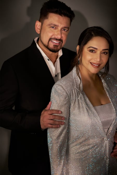 Shop_Itrh_Silver Net Crystals Boxy Studded Jacket And Wide Legged Pant Set _Online_at_Aza_Fashions