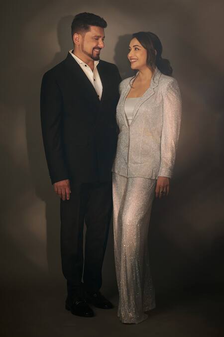 Itrh_Silver Net Crystals Boxy Studded Jacket And Wide Legged Pant Set _at_Aza_Fashions