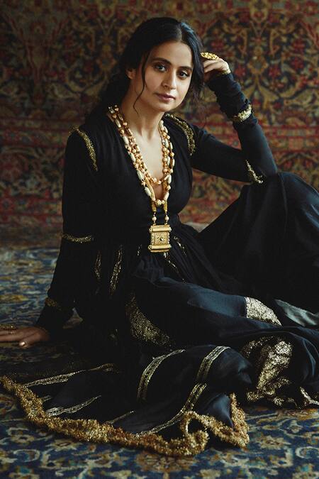 Shop_Itrh_Black , Satin Embroidery, Lace V-neck Saanjh Anarkali Pant Set _at_Aza_Fashions