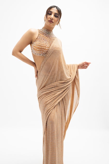Itrh Brown Net Embellished Crystal High Neck Margot Pre-draped Saree With Blouse