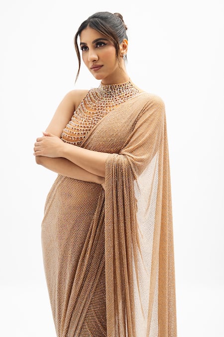 Itrh Brown Net Crystals High Neck Margot Embellished Pre-draped Saree With Blouse Online at Aza Fashions Itrh_Brown Net Crystals High Neck Margot Embellished Pre-draped Saree With Blouse _Online_at_Aza_Fashions