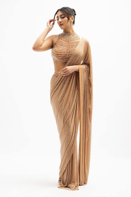 Buy Itrh Brown Net Crystals High Neck Margot Embellished Pre-draped Saree With Blouse Buy_Itrh_Brown Net Crystals High Neck Margot Embellished Pre-draped Saree With Blouse