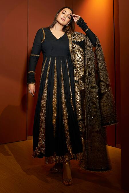 Itrh_Black Silk Organza, Cotton Satin, Net, Faani Embellished Anarkali Churidar Set _Online_at_Aza_Fashions