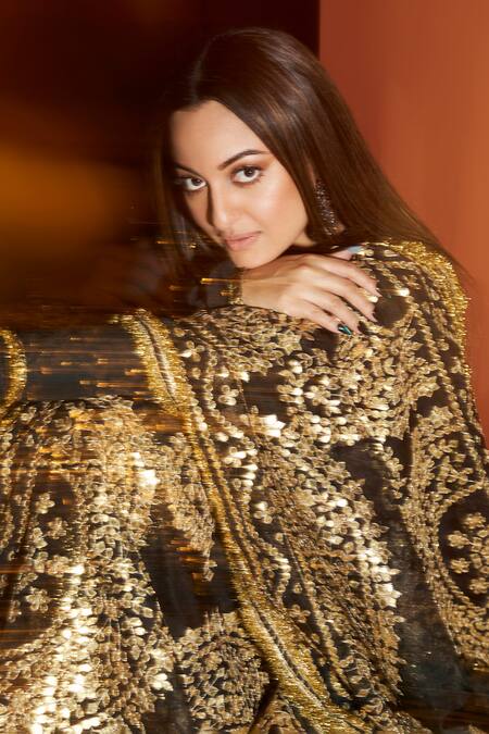 Shop_Itrh_Black Silk Organza, Cotton Satin, Net, Faani Embellished Anarkali Churidar Set _Online_at_Aza_Fashions