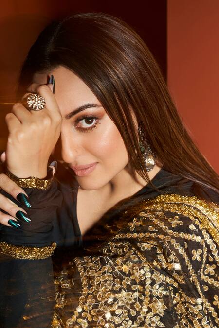 Buy_Itrh_Black Silk Organza, Cotton Satin, Net, Faani Embellished Anarkali Churidar Set 