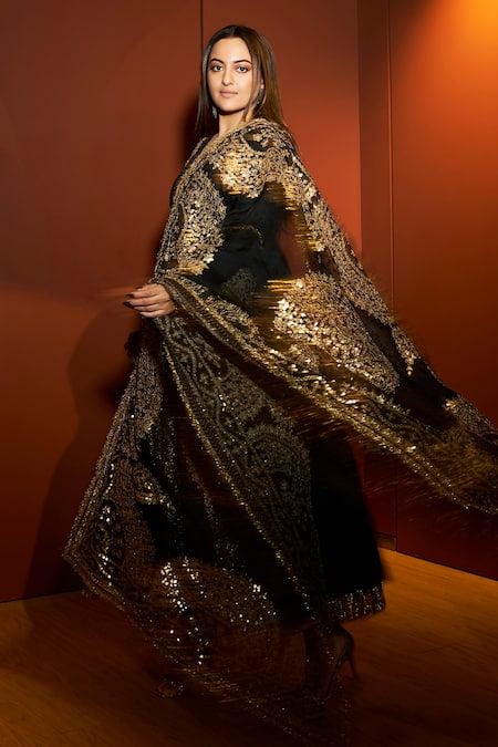 Shop_Itrh_Black Silk Organza, Cotton Satin, Net, Faani Embellished Anarkali Churidar Set _at_Aza_Fashions