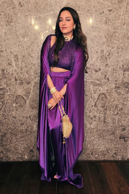 Shop Itrh Purple Net, Satin Crystals Halter Neck Embellished Border Cape And Skirt Set at Aza Fashions Shop_Itrh_Purple Net, Satin Crystals Halter Neck Embellished Border Cape And Skirt Set _at_Aza_Fashions