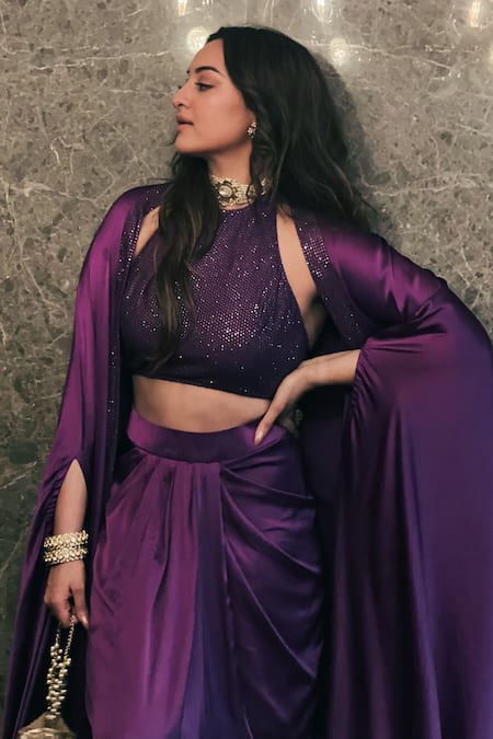 Buy Itrh Purple Net, Satin Crystals Halter Neck Embellished Border Cape And Skirt Set Online at Aza Fashions Buy_Itrh_Purple Net, Satin Crystals Halter Neck Embellished Border Cape And Skirt Set _Online_at_Aza_Fashions