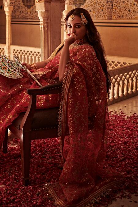 Shop Itrh Pink Silk Organza Gota Patti, Tassels, Ranjish Embellished Saree With Blouse at Aza Fashions Shop_Itrh_Pink Silk Organza Gota Patti, Tassels, Ranjish Embellished Saree With Blouse_at_Aza_Fashions