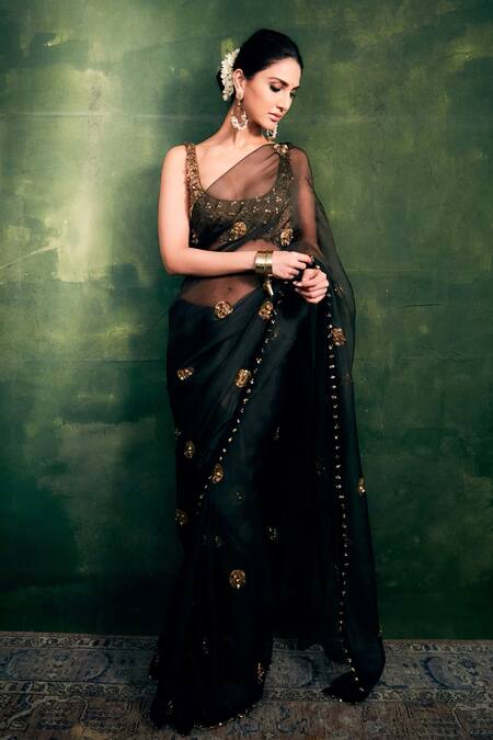 Itrh_Black Organza Pearls Scoop Neck Pitta Embellished Saree With Blouse _at_Aza_Fashions