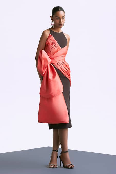 Manika Nanda Brown Taffeta Colorblocked Halter Neck Draped Bow Dress 