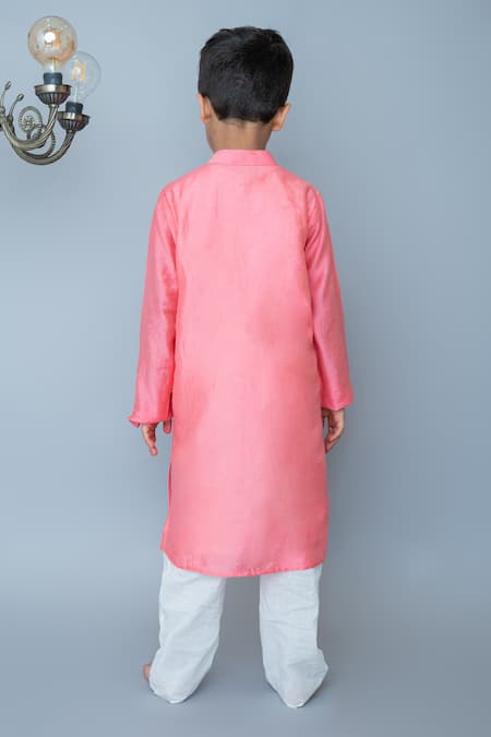 Shop_MI Dulce AN'YA_Coral Cotton, Chanderi, Silk Mirrors, Embroidery Kurta With Pant _at_Aza_Fashions